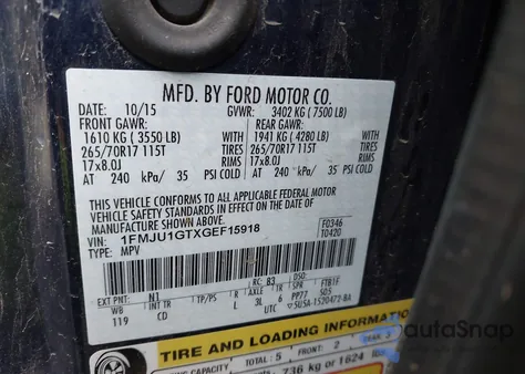 2016 Ford Expedition Xl из США, поврежденный, VIN 1FMJU1GTXGEF15918